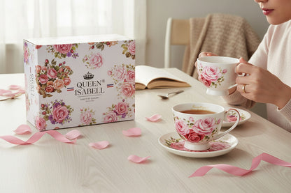Elegancki komplet filiżanek w róże porcelana zestaw na prezent 2 szt 250ml