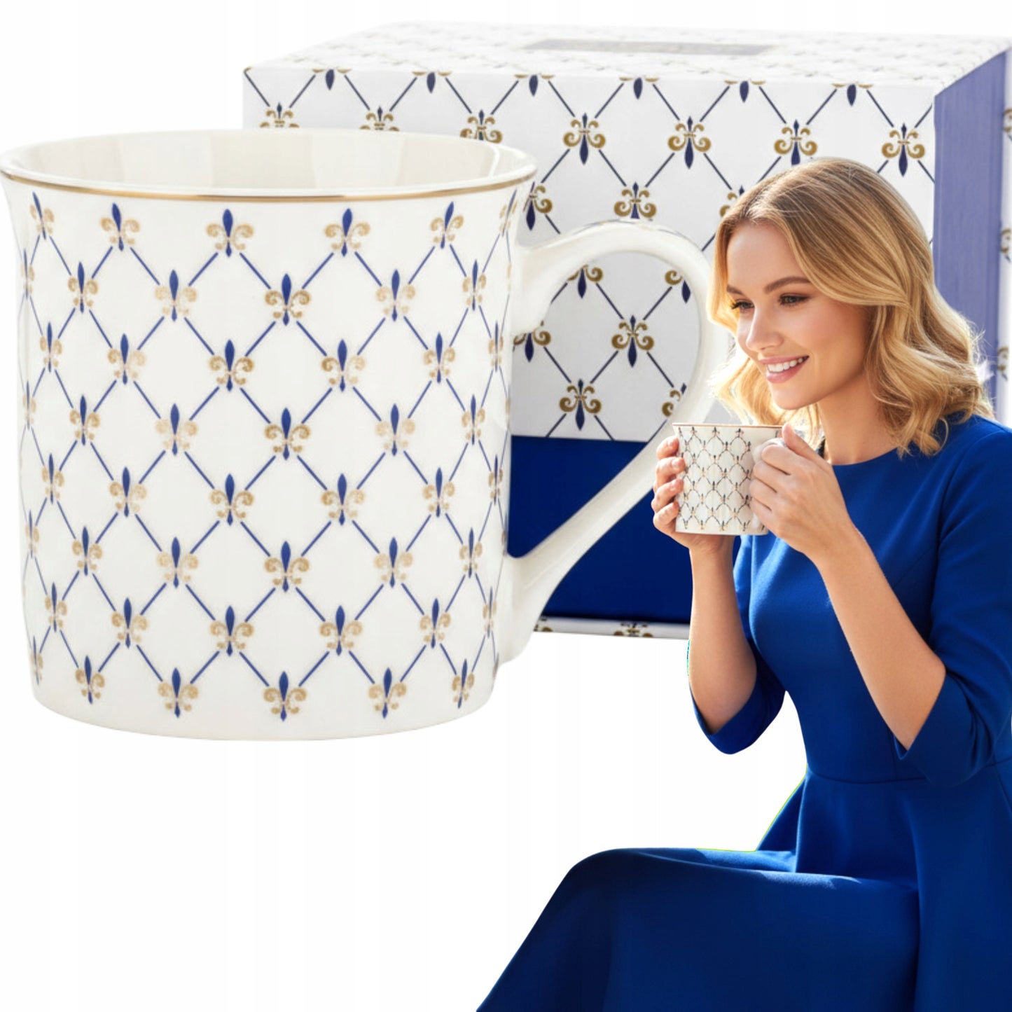 Kubek Porcelanowy w Ozdobnym Pudełku niebieski biały na prezent 380 ml
