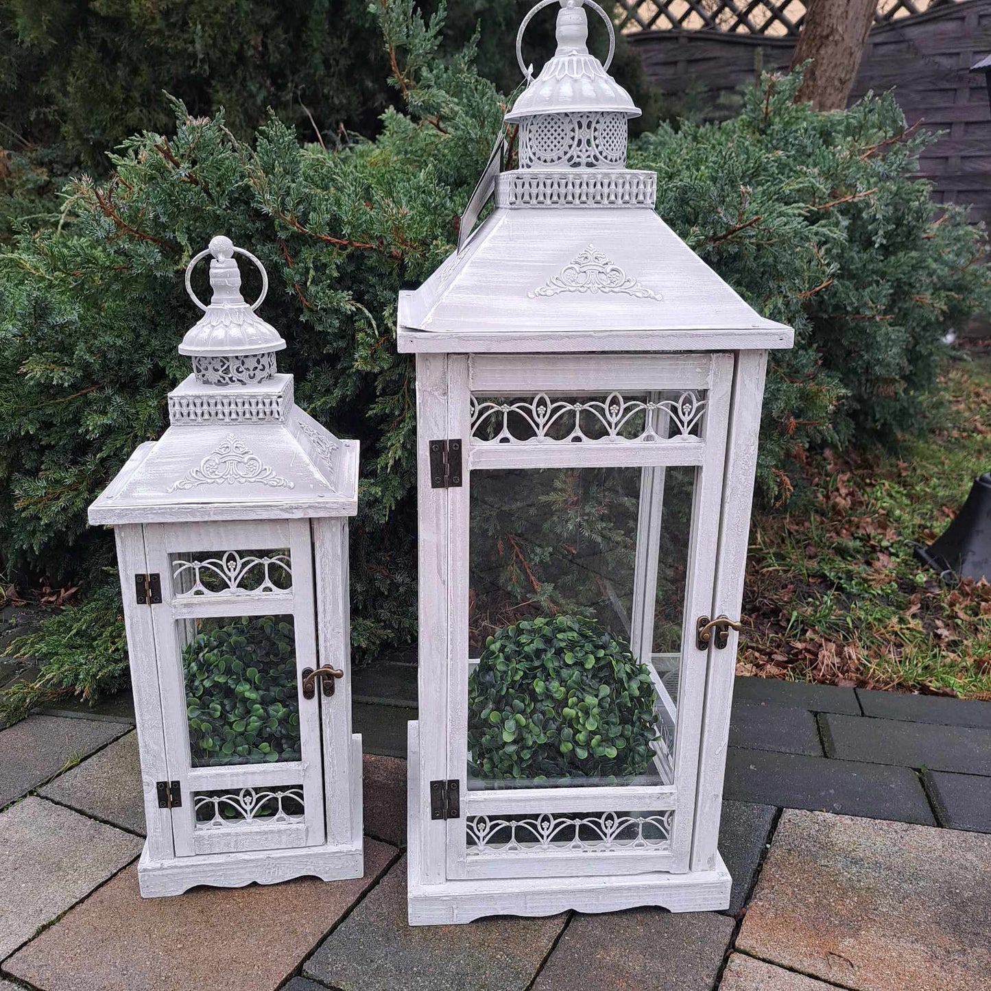 zestaw 2 szt Lampion latarnia drewniany szary kpl. retro duże 69cm XXL