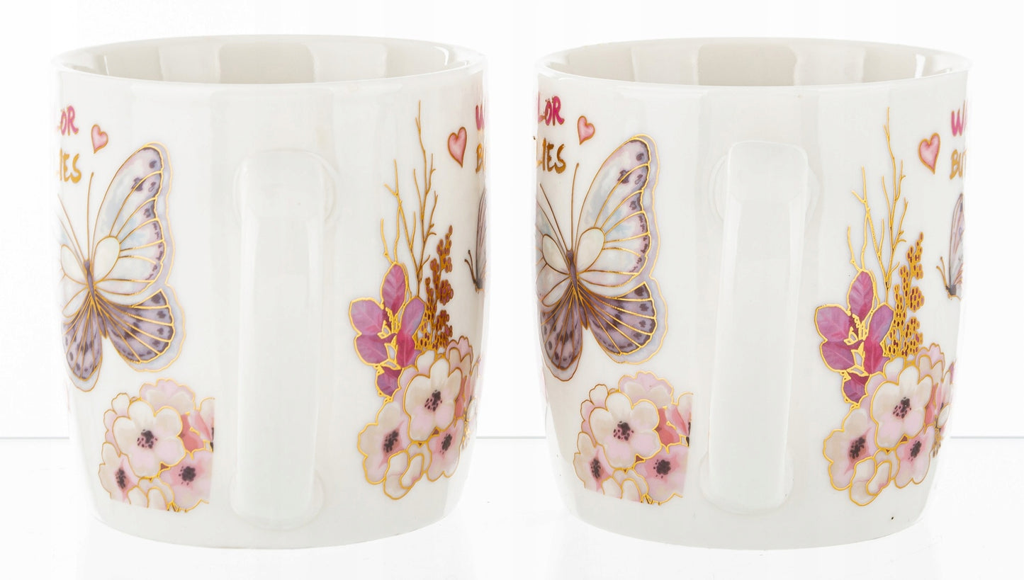 Kpl. kubków motyl łyżeczka podstawka 2+2+2 kubek ceramiczny 330ml prezent