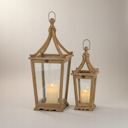 Latarnia komplet 2 szt. lampion szkło drewno dekoracja ogrodowa - 74, 52 cm