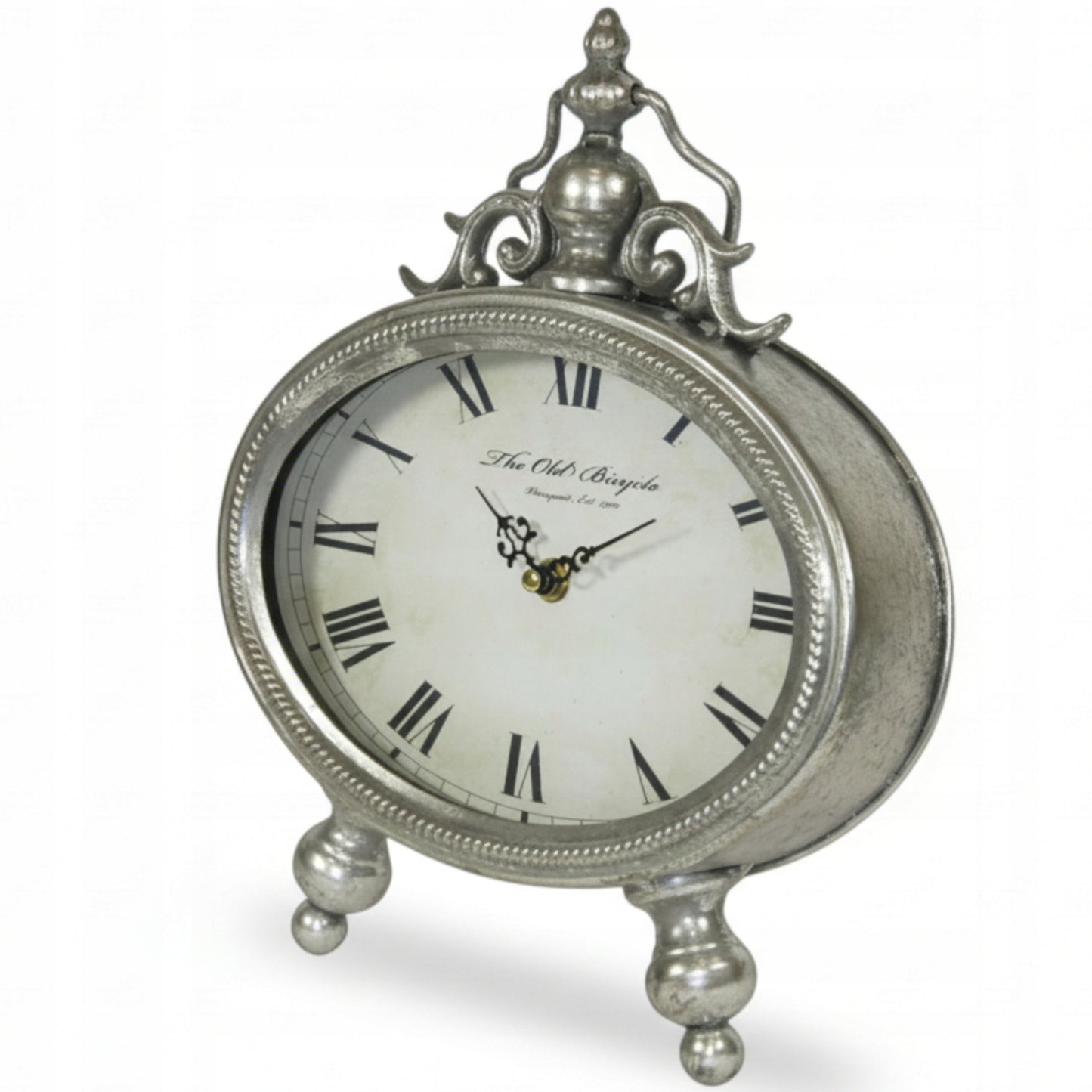 Zegar metalowy stojący retro vintage srebrny 26cm