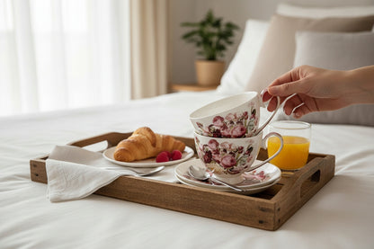 Zestaw 2 Filiżanek z Podstawką Porcelana kubek Kwiaty kawa herbata Prezent