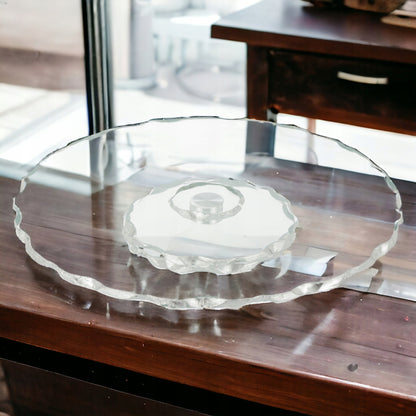 Patera obrotowa szklana na tort glamour taca 33 cm srebrne zdobienia