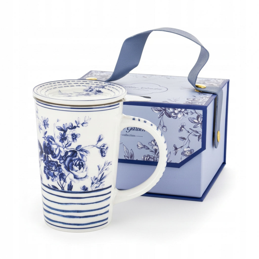 Kubek z Zaparzaczem Porcelana Niebieska Blue Pokrywka Sitko 300 ml