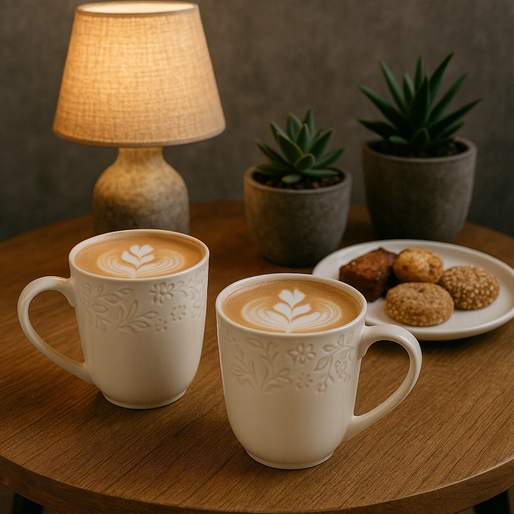 Kubek Sarmatia 400ml kremowy  porcelanowu ecru tłoczony wzór kwiaty