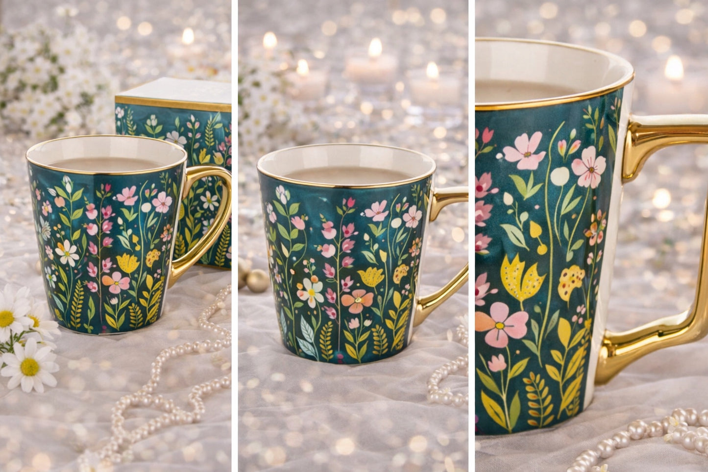 Kubek porcelanowy 300 ml kolorowy w kwiaty wiosenny na kawe herbatę prezent
