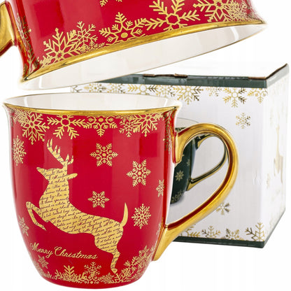 Duży Kubek w pudełku porcelana na prezent świąteczny renifer czerwony złoty