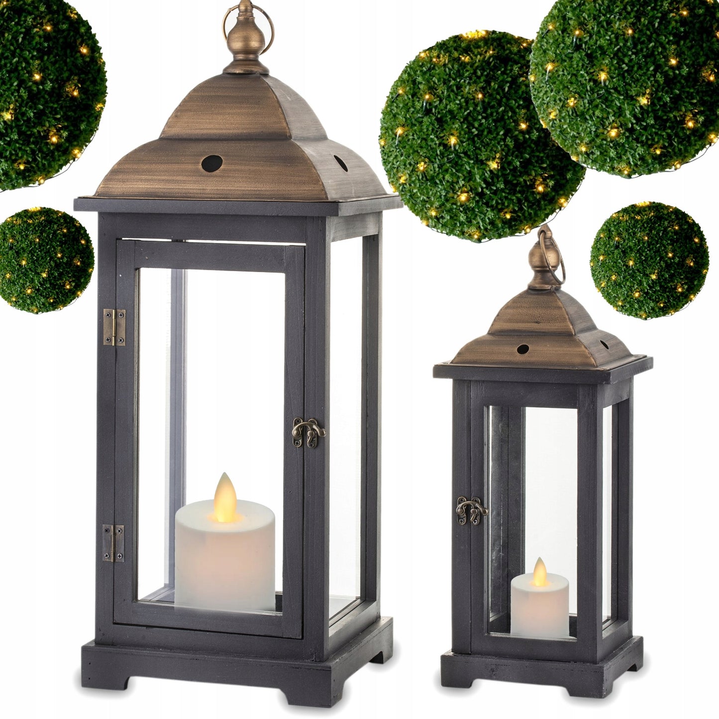2 szt Kpl Lampion latarnia drewniany zestaw lampionów czarny brąz loft