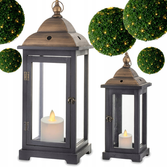 2 szt Kpl Lampion latarnia drewniany zestaw lampionów czarny brąz loft