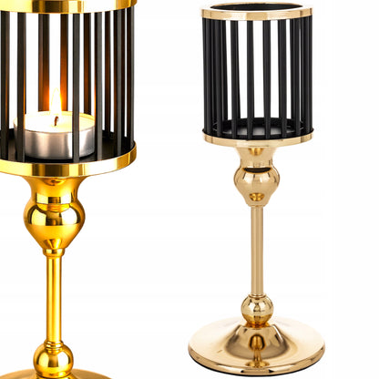 Świecznik metalowy złoty dekoracyjny glamour czarny lampion na nóżce 30,5cm