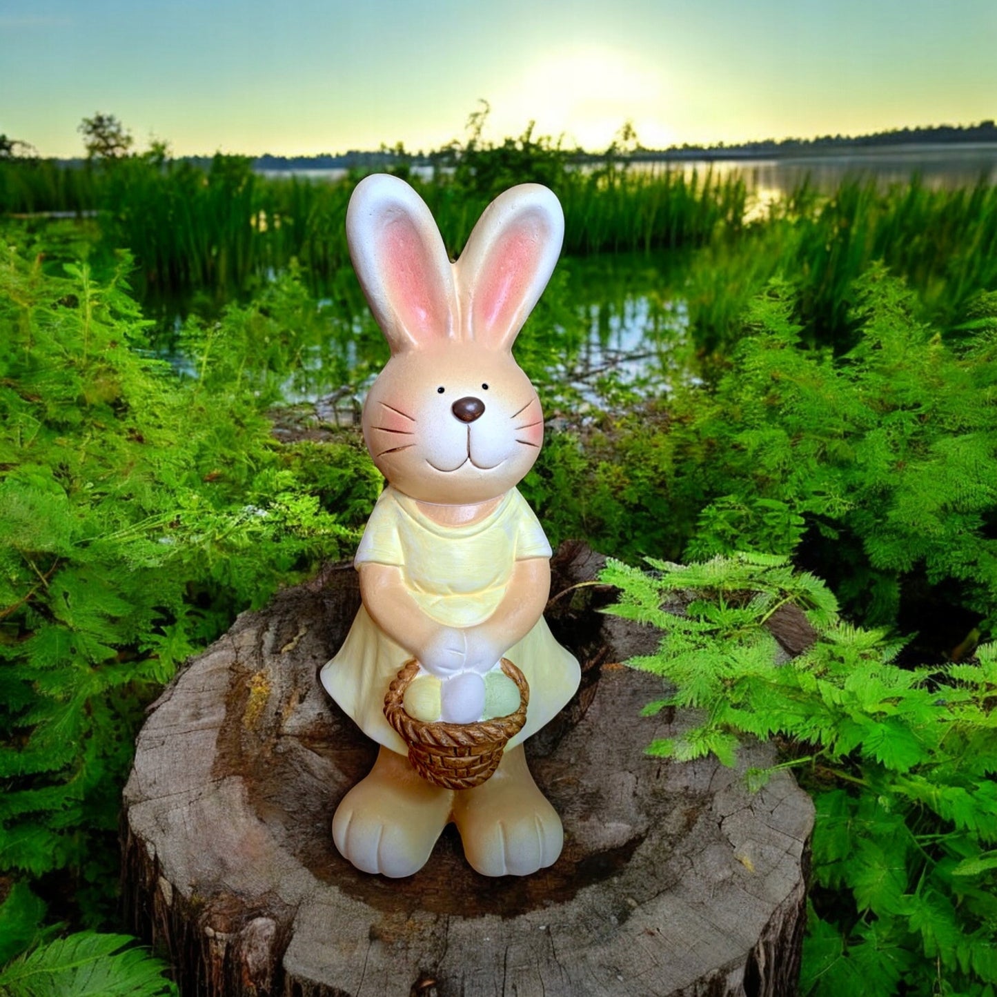 Duża Figurka zajączek Królik Zając z kwiatami 35cm wielkanocna ogrodowa