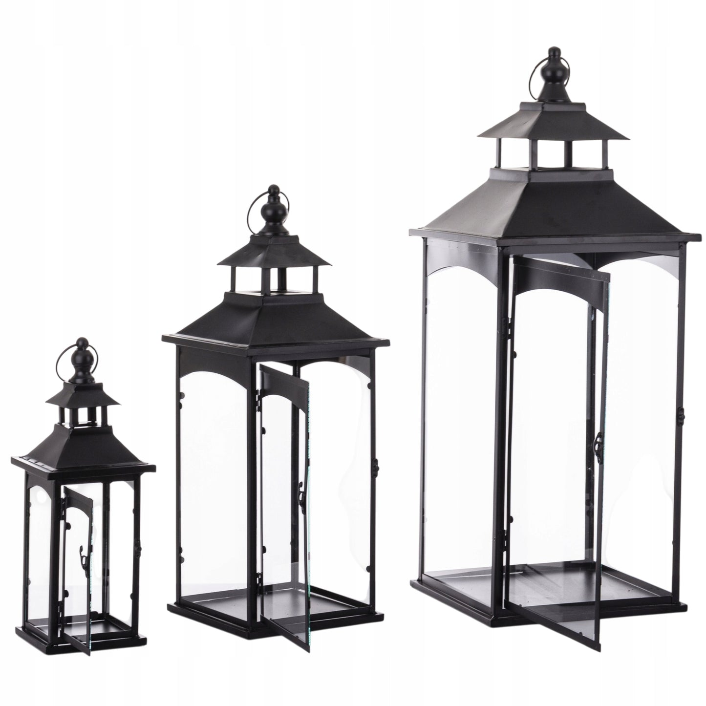 Latarnia komplet 3 lampionów szkło metal czarny wysoki 86, 67, 45 cm