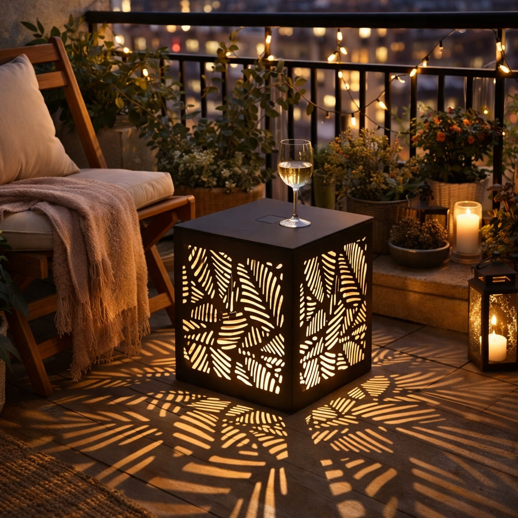 Stolik solarny metalowy ogrodowy balkonowy na taras LED lampa solarna