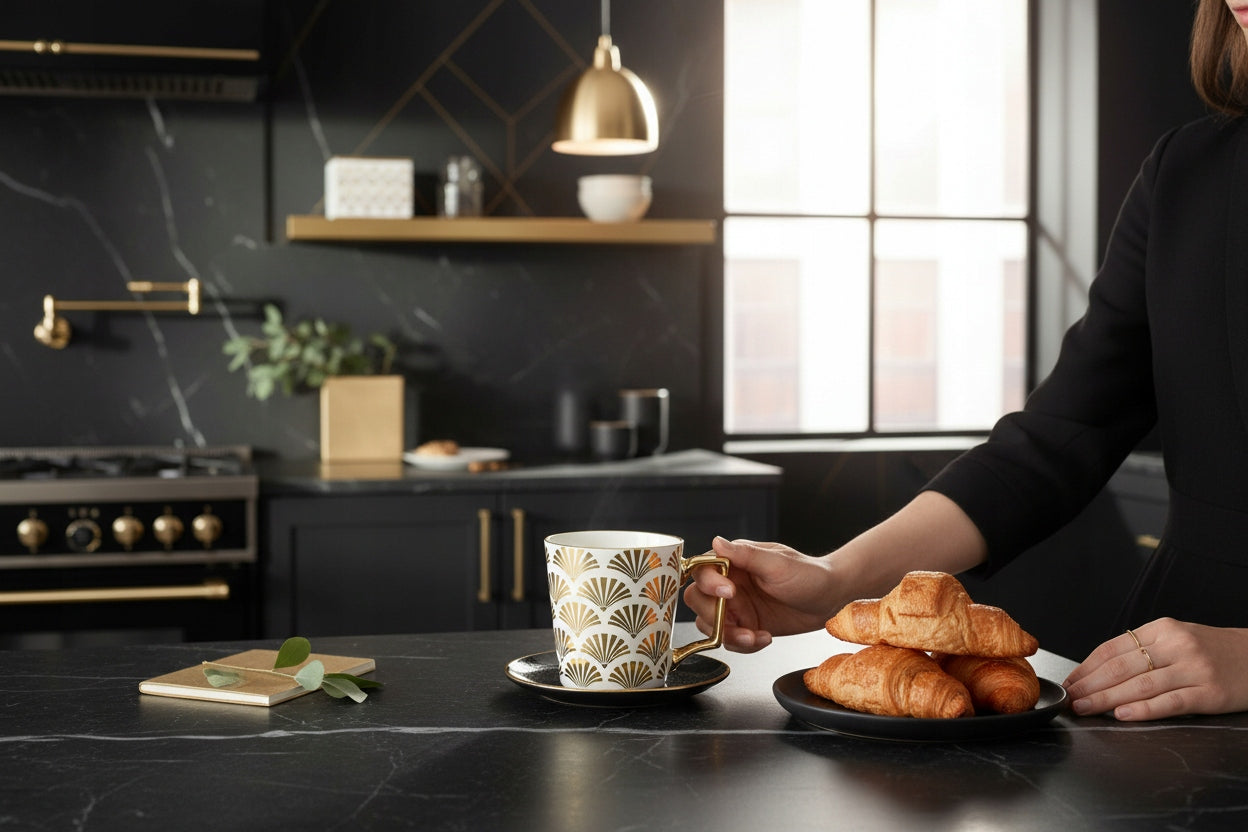 Porcelanowy Kubek elegancki złote ucho 310ml gustowny na prezent