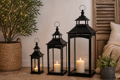 Latarnia komplet 3 lampionów szkło metal czarny wysoki 86, 67, 45 cm