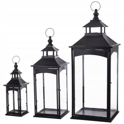 Latarnia komplet 3 lampionów szkło metal czarny wysoki 86, 67, 45 cm