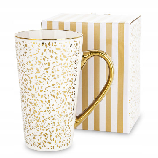 Duży ozdobny Kubek w pudełku na prezent biało złoty porcelanowy 450 ml XXL