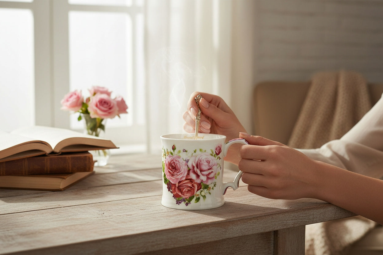 Kubek porcelanowy w róże 360 ml kwiatowy Prezent w pudełku na herbate 360ml