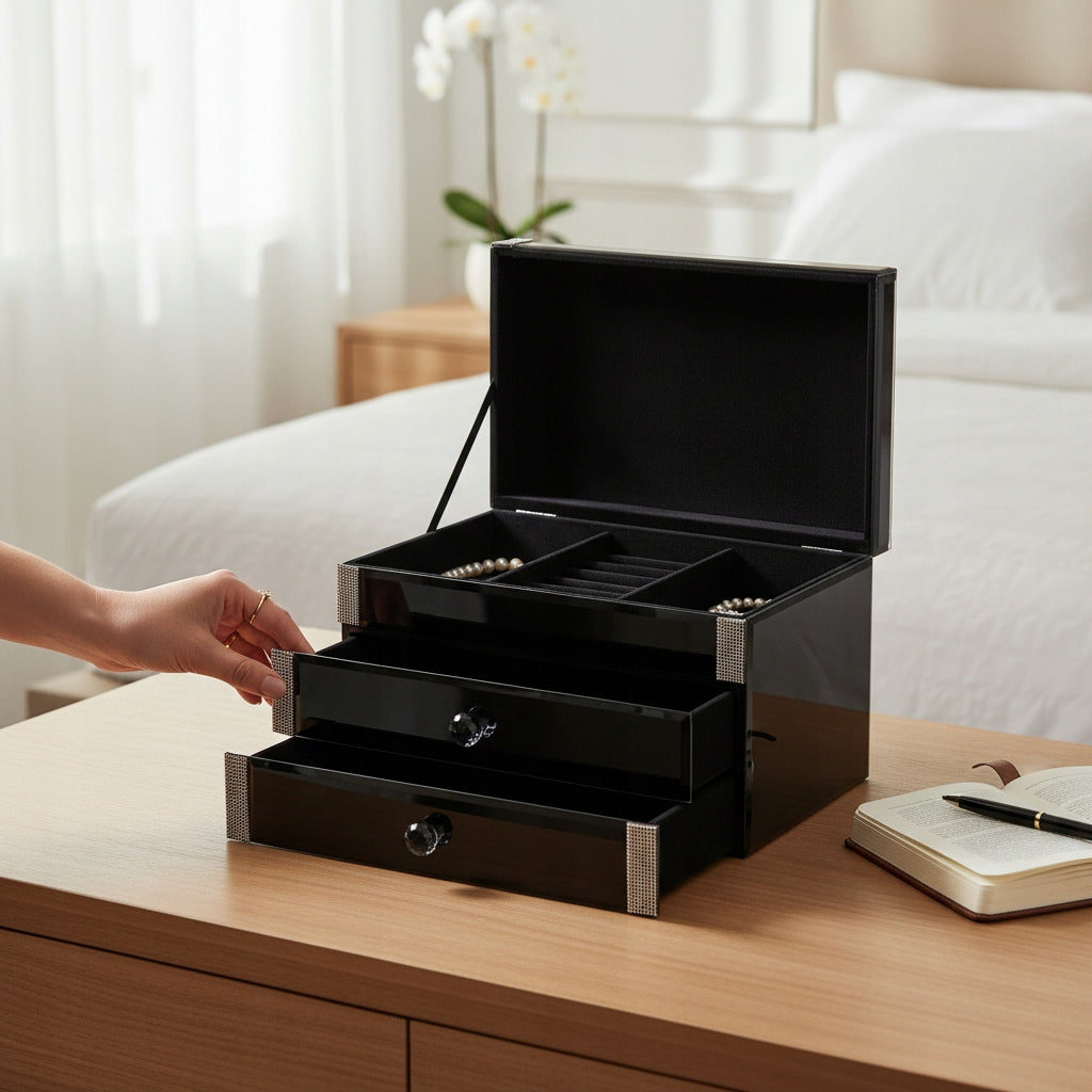 Szkatułka na biżuterię szklana premium z szufladkami pudełko organizer