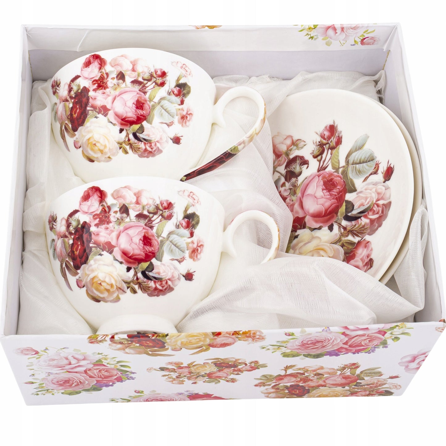 Zestaw 2 Filiżanek z Podstawką Porcelana kubek Kwiaty kawa herbata Prezent