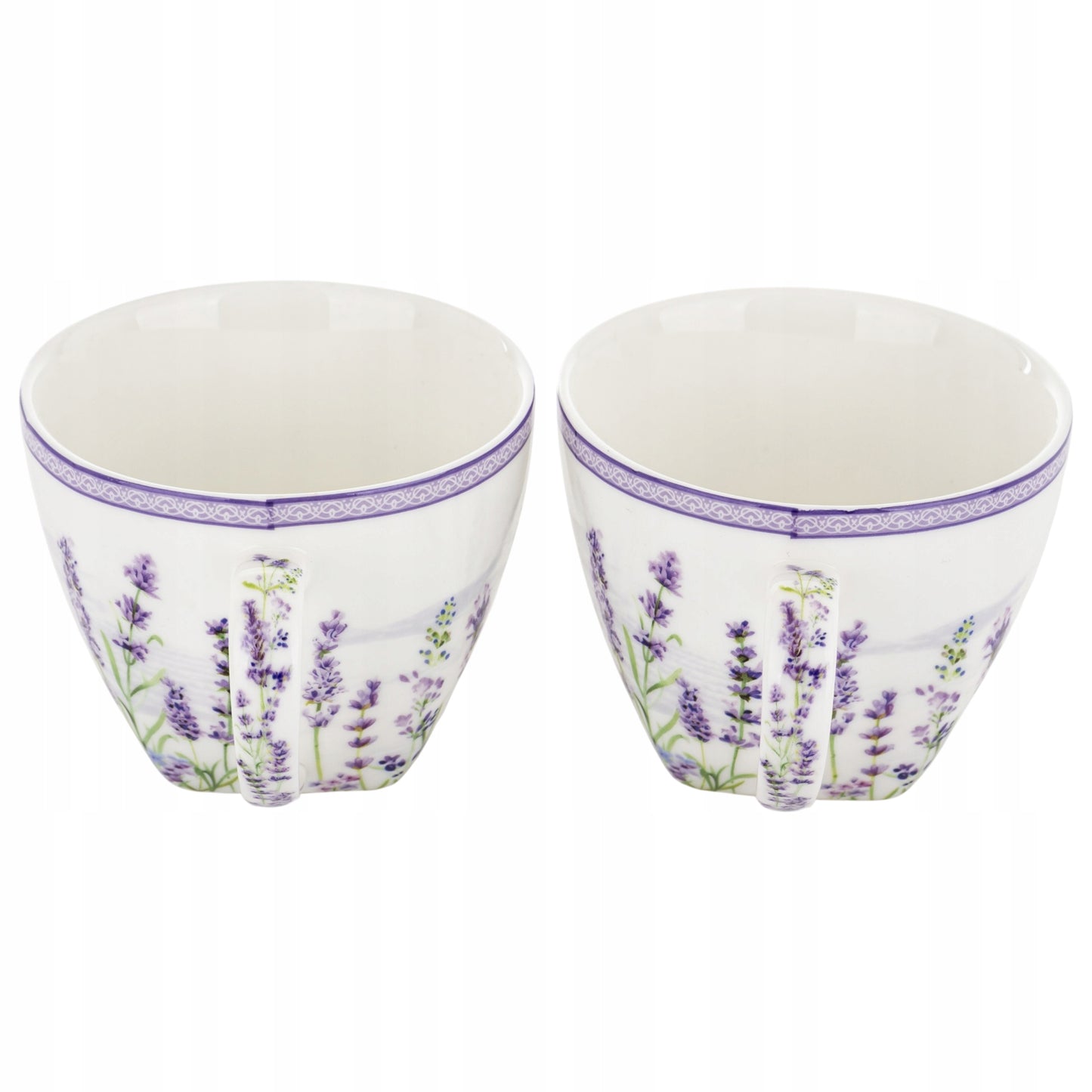 Zestaw 2 filiżanek z podstawkami i łyżeczkami porcelana lawenda prowansja