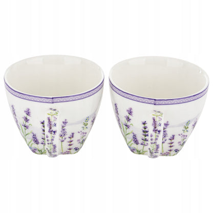 Zestaw 2 filiżanek z podstawkami i łyżeczkami porcelana lawenda prowansja
