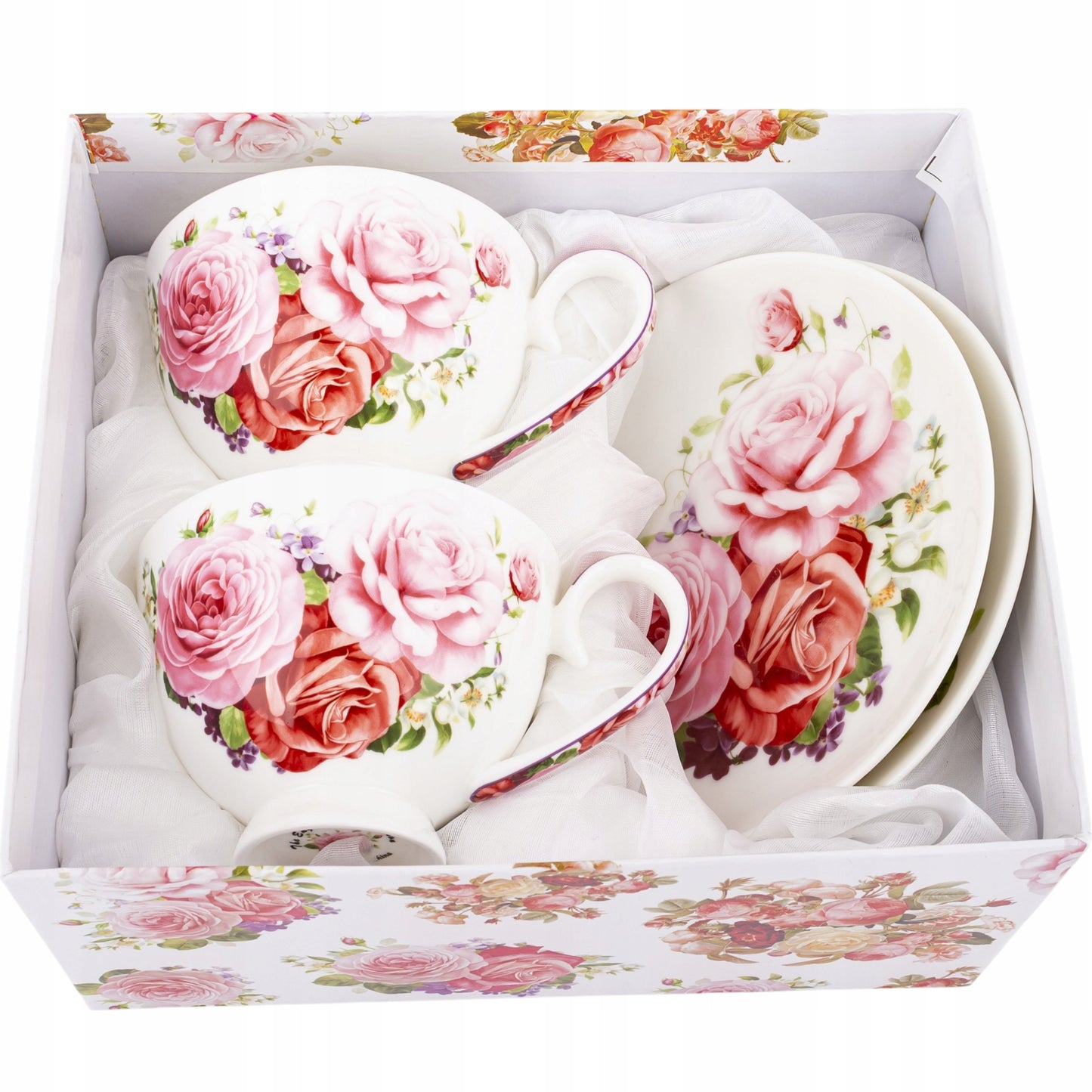 Elegancki komplet filiżanek w róże porcelana zestaw na prezent 2 szt 250ml