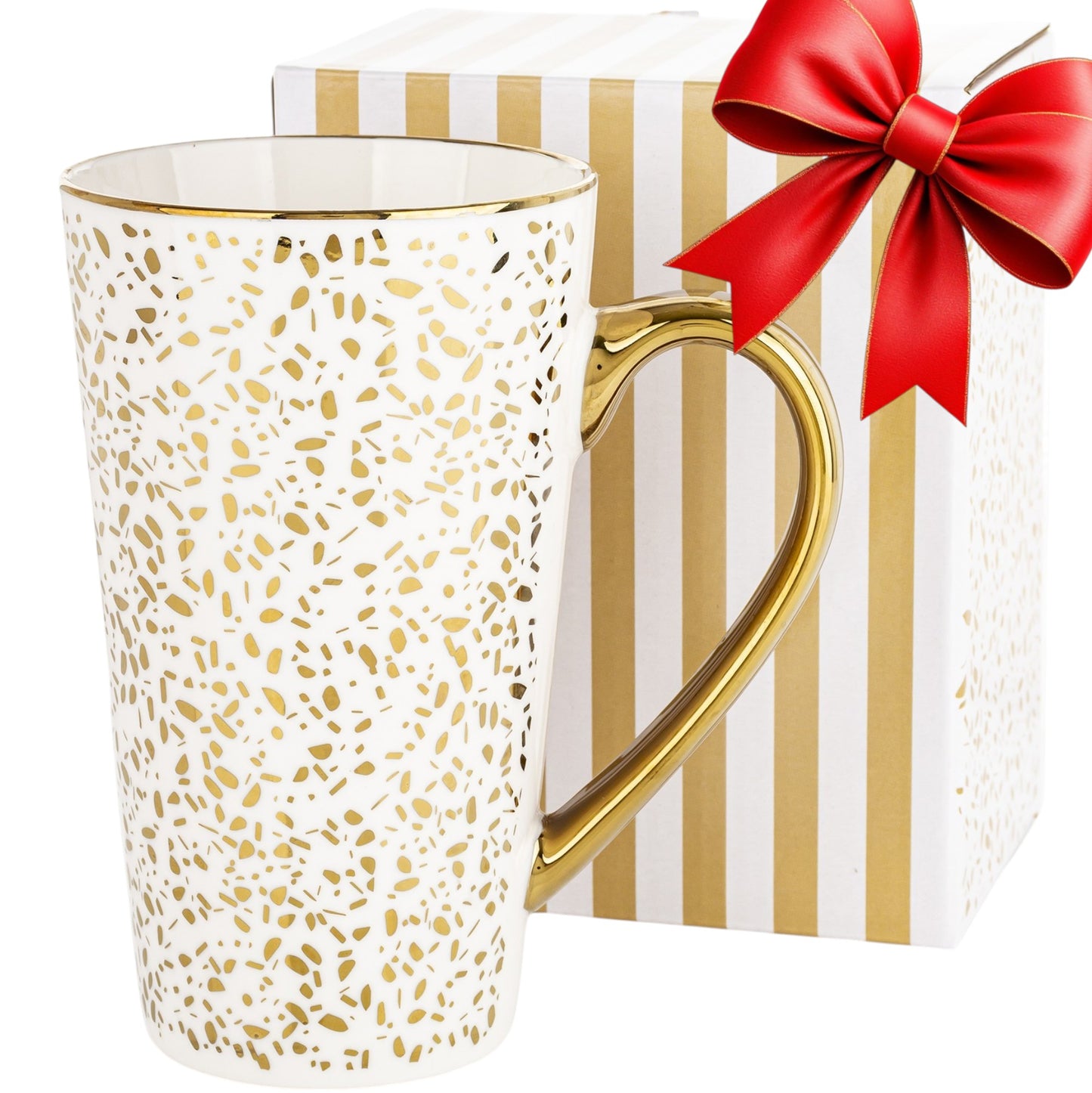Duży ozdobny Kubek w pudełku na prezent biało złoty porcelanowy 450 ml XXL