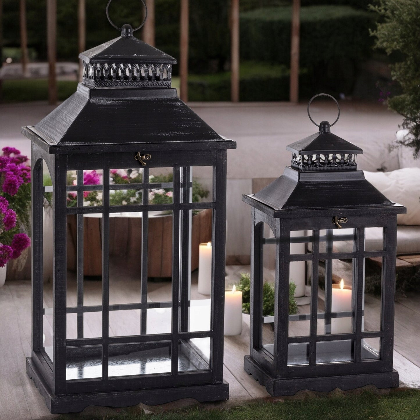 Zestaw 2 szt Lampion Drewniany czarny Latarnie komplet XXL 69cm