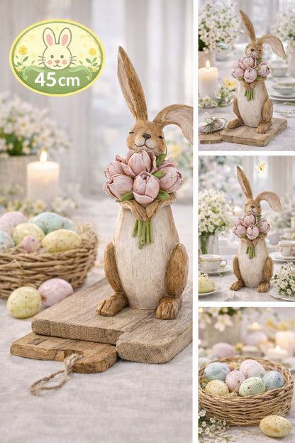 Figurka Królik Wielkanocny 45 cm Elegancka Dekoracja z Kwiatami XL wiosenna
