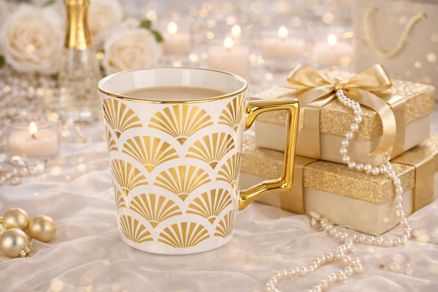 Porcelanowy Kubek elegancki złote ucho 310ml gustowny na prezent