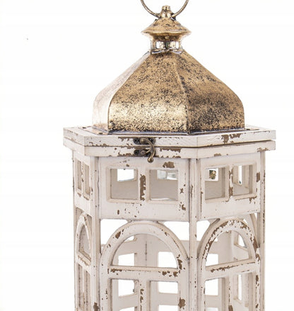 Lampion Drewniany Metalowy Latarnia Biały Złoty Retro Postarzany Dekoracja