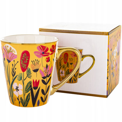 Kubek porcelanowy 300 ml kolorowy kwiaty złote ucho na kawe herbatę prezent