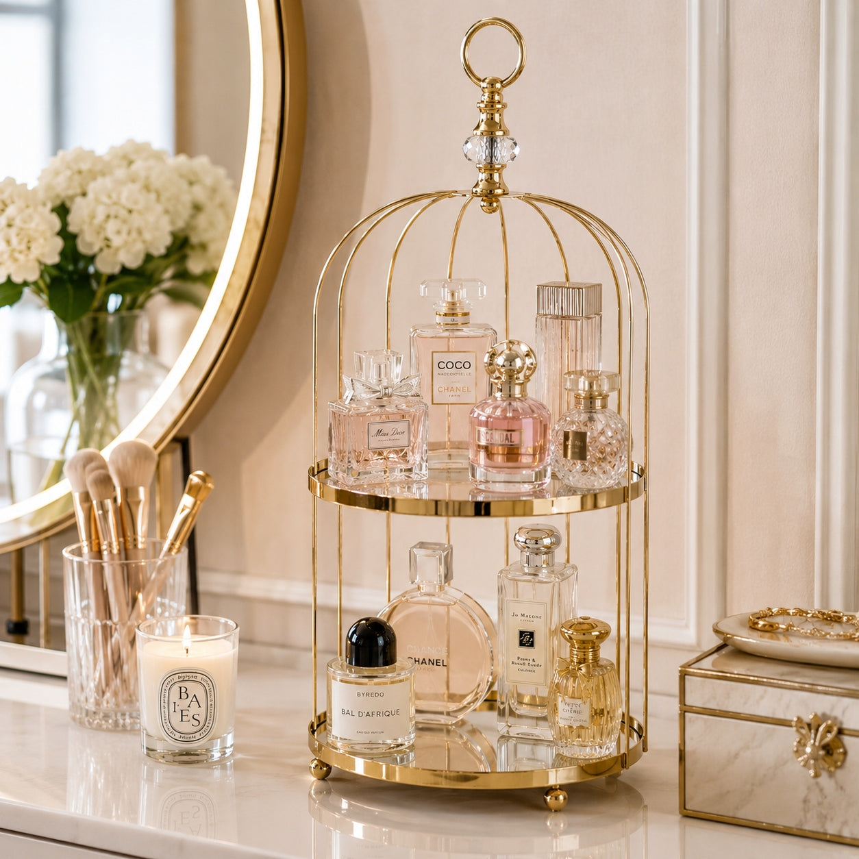 Patera dekoracyjna klatka etażerka glamour złota candybar półka na perfumy