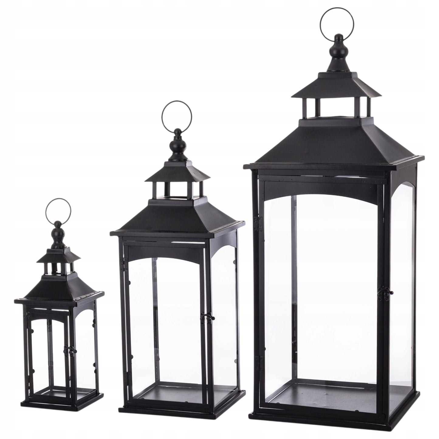 Latarnia komplet 3 lampionów szkło metal czarny wysoki 86, 67, 45 cm