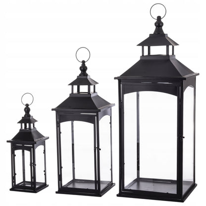 Latarnia komplet 3 lampionów szkło metal czarny wysoki 86, 67, 45 cm