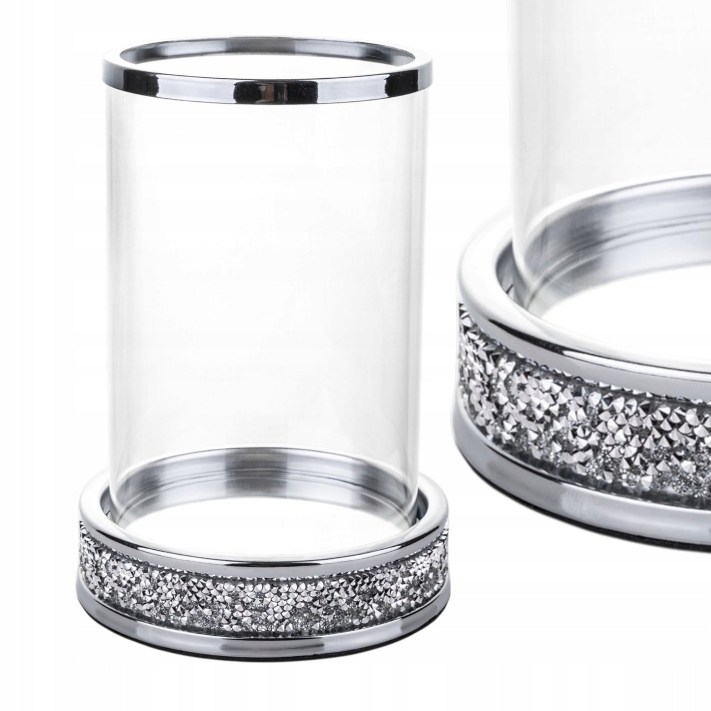 Świecznik szklany srebrny glamour cylinder dekoracja stołu lampion