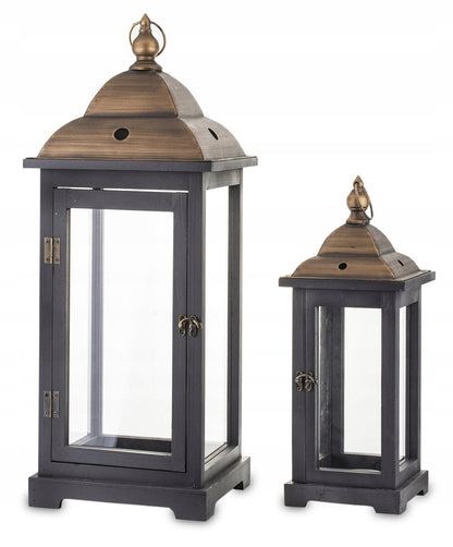 2 szt Kpl Lampion latarnia drewniany zestaw lampionów czarny brąz loft