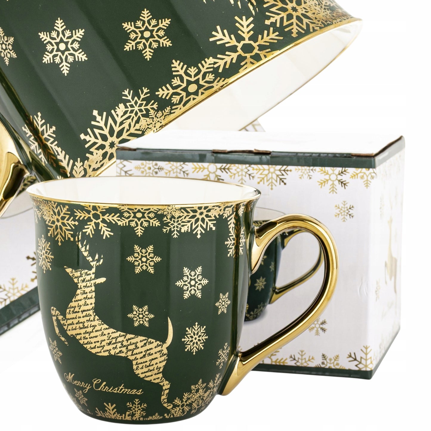 Duży Kubek w pudełku porcelana na prezent świąteczny renifer zielony złoty