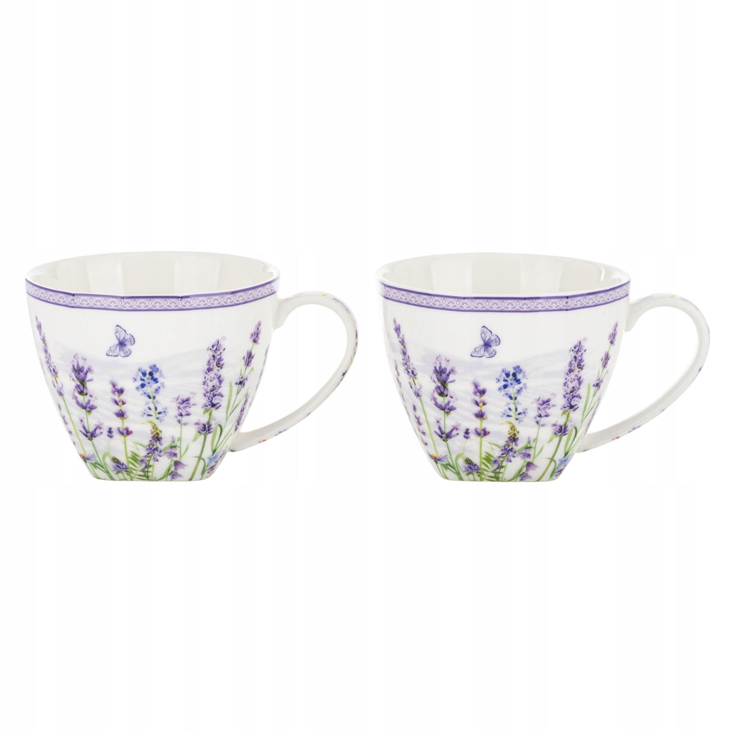 Zestaw 2 filiżanek z podstawkami i łyżeczkami porcelana lawenda prowansja