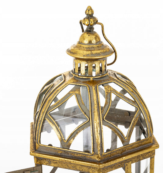 Lampion złoty retro wysoki Latarnia metalowa złota szkło dekoracja