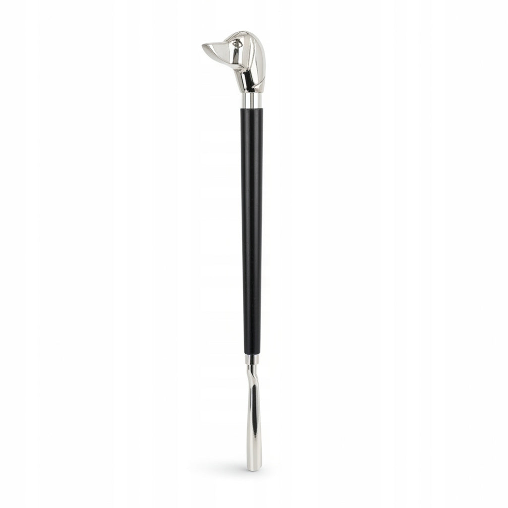 Długa łyżka do butów obuwia metalowa srebrna czarna pies elegancka 47 cm