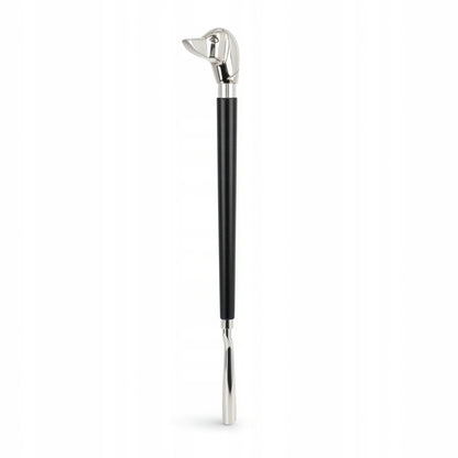 Długa łyżka do butów obuwia metalowa srebrna czarna pies elegancka 47 cm