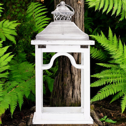 Stylowy rustykalny drewniany lampion biały świecznik duża latarnia 38cm
