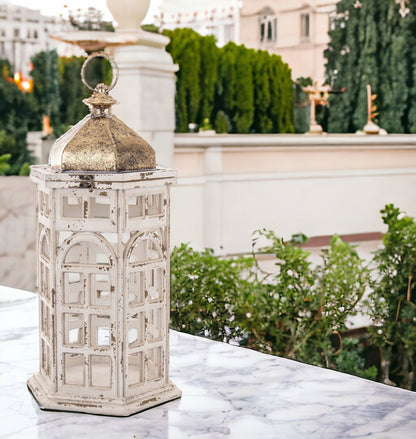 Lampion Drewniany Metalowy Latarnia Biały Złoty Retro Postarzany Dekoracja