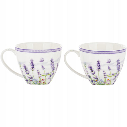 Zestaw 2 filiżanek z podstawkami i łyżeczkami porcelana lawenda prowansja