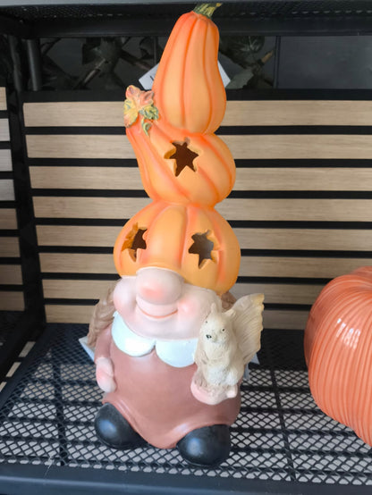 dekoracja figurka jesienna skrzat lampion LED dynia wiewiórka 38 cm duża