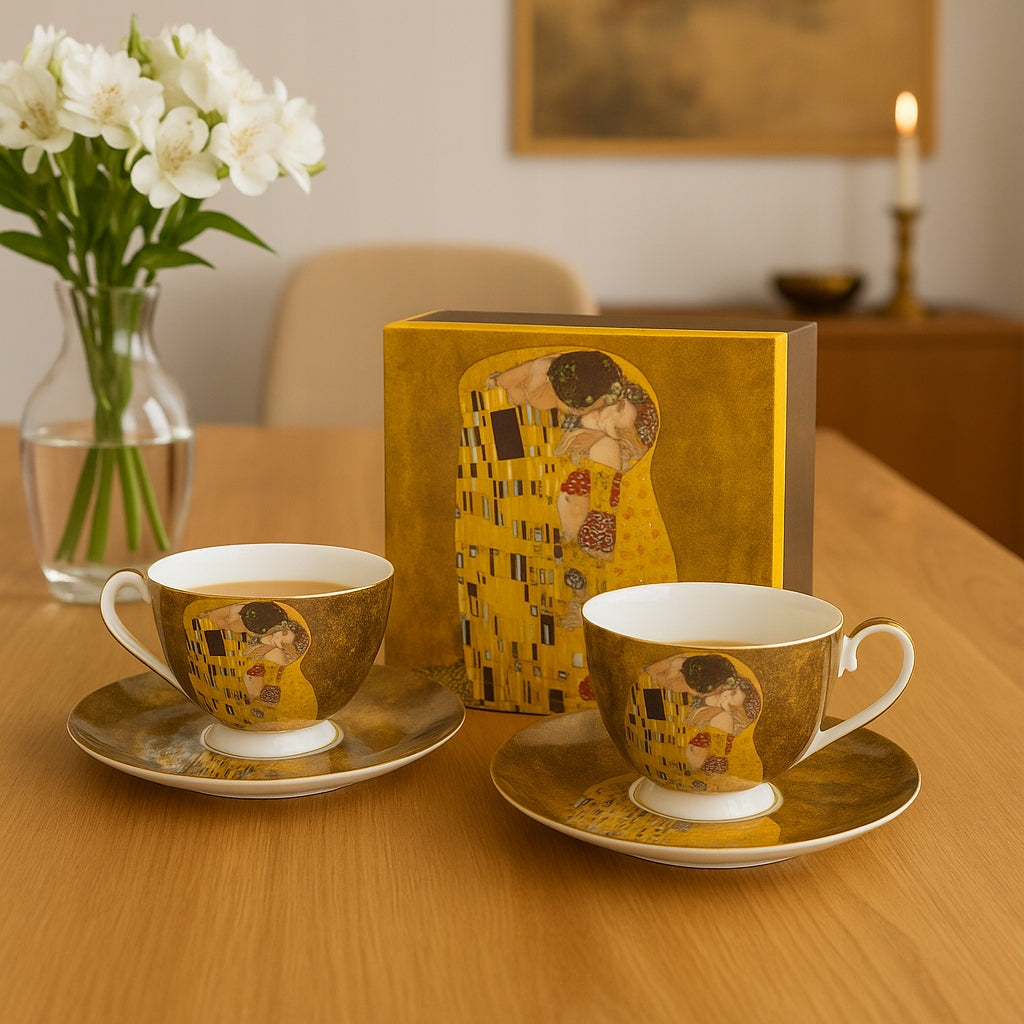 Komplet 2 filiżanek z podstawkami „Pocałunek” Gustav Klimt zestaw w pudełku