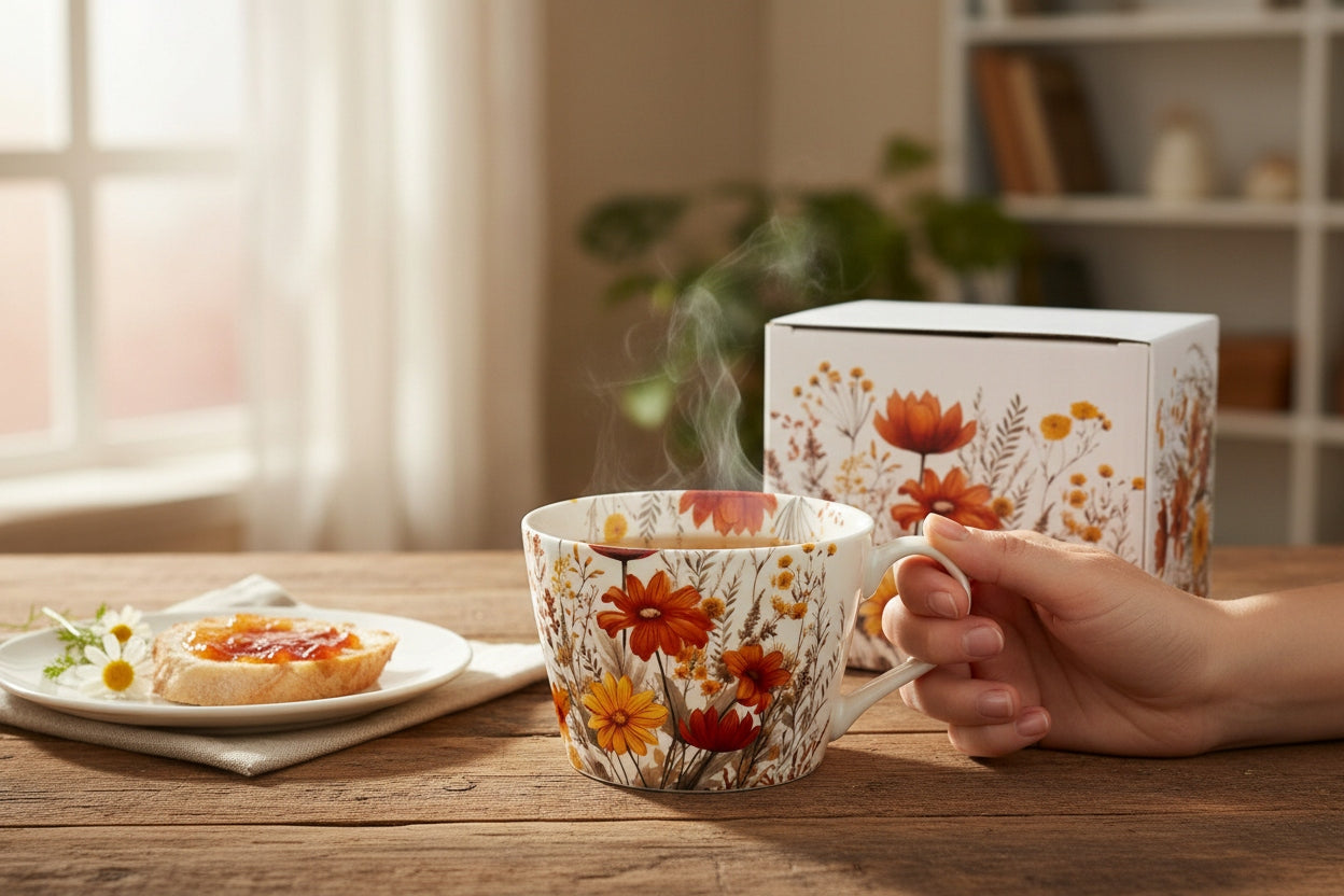 Kubek porcelanowy w kwiaty do kawy herbaty zmywarki mikrofali duży 450 ml